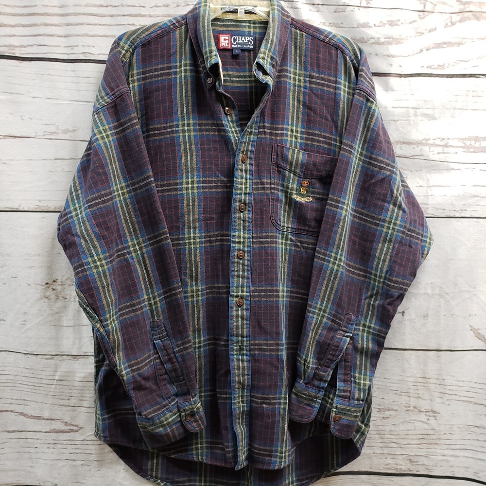 Ralph Lauren Chaps Shirt Mens L Blue Red LS Plaid Button Up Preppy Casual Soft